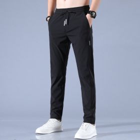 Summer Ice Silk Pants Men's Thin Business Casual Pants Stretch Breathable Straight-leg Tracksuit Pants (Option: Black-S)