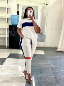 Color Block Casual Two-piece Set; Short Sleeve Loose Tops & Drawstring Summer Jogging Pants Set (Color: White, size: XL)