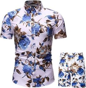 Men's Flower 2 Piece Tracksuit Shirt Casual Hawaiian Short Sleeve Shirts and Pants Suit (Color: 9, size: L)