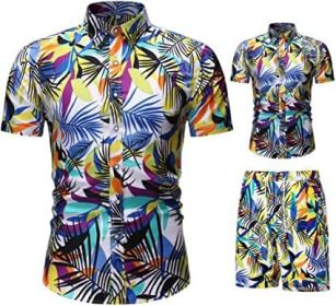 Men's Flower 2 Piece Tracksuit Shirt Casual Hawaiian Short Sleeve Shirts and Pants Suit (Color: 001, size: S)