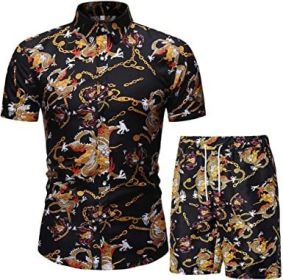 Men's Flower 2 Piece Tracksuit Shirt Casual Hawaiian Short Sleeve Shirts and Pants Suit (Color: 2, size: M)