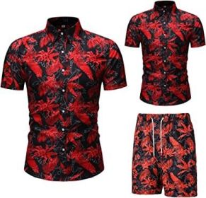 Men's Flower 2 Piece Tracksuit Shirt Casual Hawaiian Short Sleeve Shirts and Pants Suit (Color: 003, size: L)