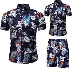 Men's Flower 2 Piece Tracksuit Shirt Casual Hawaiian Short Sleeve Shirts and Pants Suit (Color: 4, size: XL)