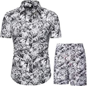 Men's Flower 2 Piece Tracksuit Shirt Casual Hawaiian Short Sleeve Shirts and Pants Suit (Color: 6, size: M)