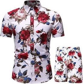 Men's Flower 2 Piece Tracksuit Shirt Casual Hawaiian Short Sleeve Shirts and Pants Suit (Color: 8, size: XL)