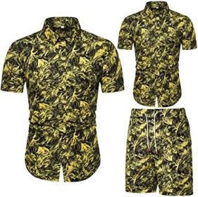 Men's Flower 2 Piece Tracksuit Shirt Casual Hawaiian Short Sleeve Shirts and Pants Suit (Color: 5, size: L)