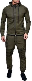 Men's 2 Pieces Tracksuits Running Jogging Athletic Casual Outfits Suit Solid Full Zip Sports Hooded Pants Sweatsuits (Color: Army green, size: S)