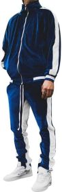 Men's 2 Pieces Full Zip Tracksuits Golden Velvet Thickening Sport Suits Casual Outfits Jacket & Pants Fitness Tracksuit Sets (Color: NAVY, size: S)