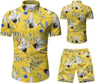 Men's 2 Piece Tracksuit Shirt Flower Casual Button Down Short Sleeve Shirts and Pants Suit (Color: 4, size: XXL)