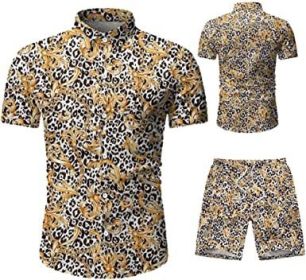 Men's 2 Piece Tracksuit Shirt Flower Casual Button Down Short Sleeve Shirts and Pants Suit (Color: 6, size: 3XL)