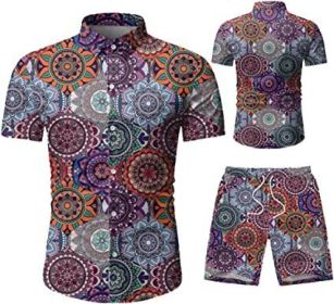 Men's 2 Piece Tracksuit Shirt Flower Casual Button Down Short Sleeve Shirts and Pants Suit (Color: 001, size: 3XL)