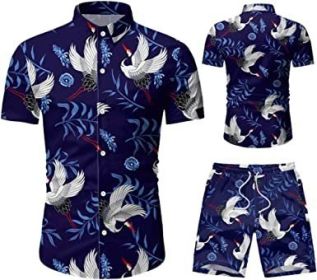 Men's 2 Piece Tracksuit Shirt Flower Casual Button Down Short Sleeve Shirts and Pants Suit (Color: 5, size: 3XL)