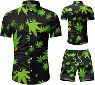 Men's 2 Piece Tracksuit Shirt Flower Casual Button Down Short Sleeve Shirts and Pants Suit (Color: 2, size: XL)