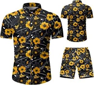 Men's 2 Piece Tracksuit Shirt Flower Casual Button Down Short Sleeve Shirts and Pants Suit (Color: 10, size: L)