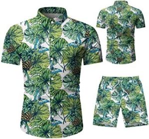 Men's 2 Piece Tracksuit Shirt Flower Casual Button Down Short Sleeve Shirts and Pants Suit (Color: 8, size: M)