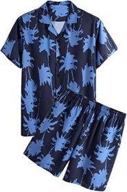 Men's 2 Piece Tracksuits Flower Hawaiian Suits Casual Button Down Short Sleeve Shirts and Shorts (Color: NAVY, size: S)