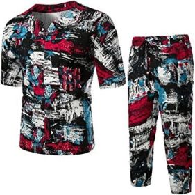 Floral Tracksuits for Men Casual Button Down Short Sleeve Hawaiian Shirts and Shorts Suits (Color: Red, size: XL)