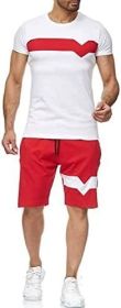 Men's Splicing 2 Piece Tracksuits Casual Short Sleeve Shirts and Shorts Suits (Color: Red, size: S)