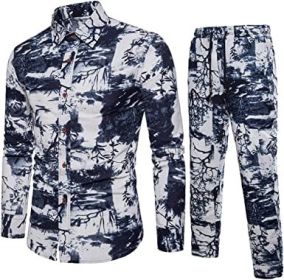 Men's Floral 2 Piece Tracksuits Long Seelve Button Down Outfits Fashion Casual Shirt + Pants Set (Color: BLUE-S)