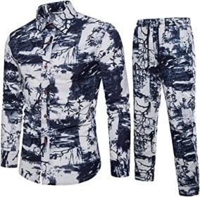 Men's Floral 2 Piece Tracksuits Long Seelve Button Down Outfits Fashion Casual Shirt + Pants Set (Color: BLUE-XL)