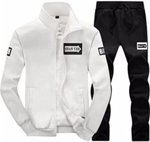 Men's Casual Slim Fit Tracksuit Long Sleeve Jogging Athletic Jacket Suits Set (Color: WHITE-S)