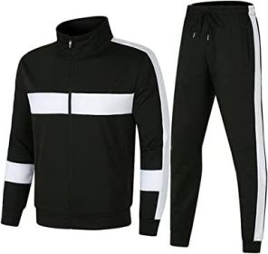 Men's Athletic Casual Tracksuit Long-sleeved Stand Collar Jacket Jogging Pants Set (Color: Black-L)