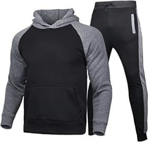 Men's Athletic Sweatshirt Tracksuit Pullover Hoodie Jogging Pants 2 Pieces Set (Color: Black-M)