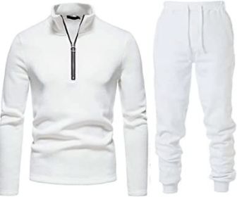 Men's Casual Two-Pieces Suits Zipper Placket Stand Collar Coats Solid Color Jackets + Pants Sets Sportswears (Color: WHITE-M)