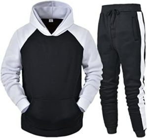 Men's Athletic Hooded Sweater Tracksuit Long-sleeved Pullover Sports Trousers Set (Color: BLACK-S)