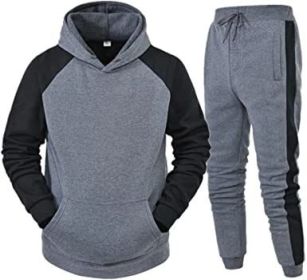 Men's Athletic Hooded Sweater Tracksuit Long-sleeved Pullover Sports Trousers Set (Color: GRAY-S)