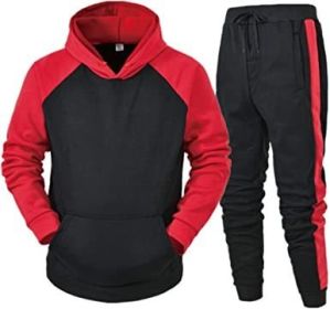 Men's Athletic Hooded Sweater Tracksuit Long-sleeved Pullover Sports Trousers Set (Color: RED-L)