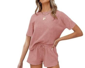 Waffle Knit Short Sleeve Top and Shorts Tracksuits (Color: pink, size: M)