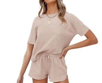 Waffle Knit Short Sleeve Top and Shorts Tracksuits (Color: Light, size: S)