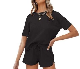 Waffle Knit Short Sleeve Top and Shorts Tracksuits (Color: Black, size: XS)