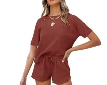 Waffle Knit Short Sleeve Top and Shorts Tracksuits (Color: Red', size: XL)