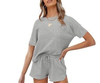 Waffle Knit Short Sleeve Top and Shorts Tracksuits (Color: Gray, size: XS)