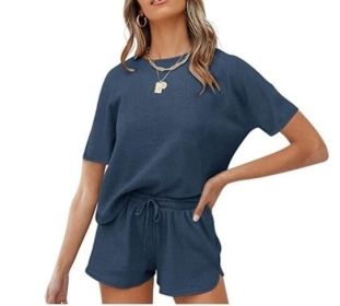 Waffle Knit Short Sleeve Top and Shorts Tracksuits (Color: NAVY, size: M)