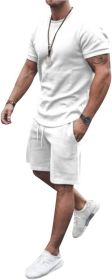 Men's 2 Piece Short Sets Outfits Round Collar Suit Solid Color Casual Track Suits (Color: WHITE-M)