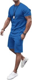 Men's 2 Piece Short Sets Outfits Round Collar Suit Solid Color Casual Track Suits (Color: BLUE-L)