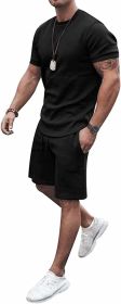 Men's 2 Piece Short Sets Outfits Round Collar Suit Solid Color Casual Track Suits (Color: Black-M)