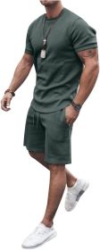 Men's 2 Piece Short Sets Outfits Round Collar Suit Solid Color Casual Track Suits (Color: DARK GREEN-L)