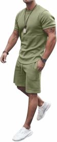 Men's 2 Piece Short Sets Outfits Round Collar Suit Solid Color Casual Track Suits (Color: LIGHT GREEN-XL)