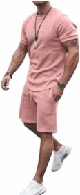 Men's 2 Piece Short Sets Outfits Round Collar Suit Solid Color Casual Track Suits (Color: PINK-XL)