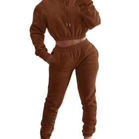 Velvet Thicken Sports Hoodie Jogging Pants Two Piece Winter Set For Women (Color: coffee, size: XL)