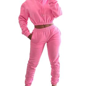 Velvet Thicken Sports Hoodie Jogging Pants Two Piece Winter Set For Women (Color: pink, size: M)