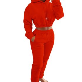 Velvet Thicken Sports Hoodie Jogging Pants Two Piece Winter Set For Women (Color: orange, size: XL)