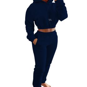 Velvet Thicken Sports Hoodie Jogging Pants Two Piece Winter Set For Women (Color: NAVY, size: L)