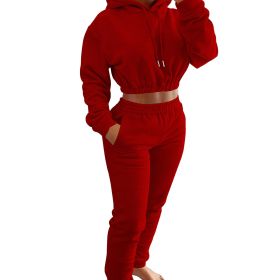 Velvet Thicken Sports Hoodie Jogging Pants Two Piece Winter Set For Women (Color: Red, size: S)