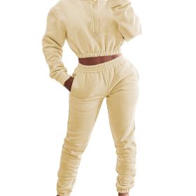 Velvet Thicken Sports Hoodie Jogging Pants Two Piece Winter Set For Women (Color: light yellow, size: S)