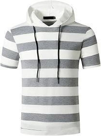 Men's New Muscle T-Shirt Gym Hooded Sports Short Sleeve Striped Slim T-Shirt (Color: Light gray-M)